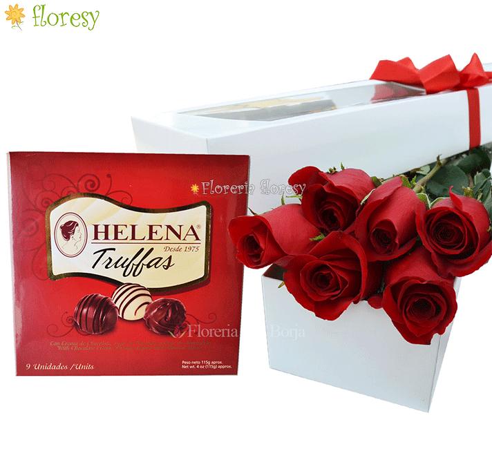 Caja con 6 rosas y truffas de chocolate Helena Lima Peru