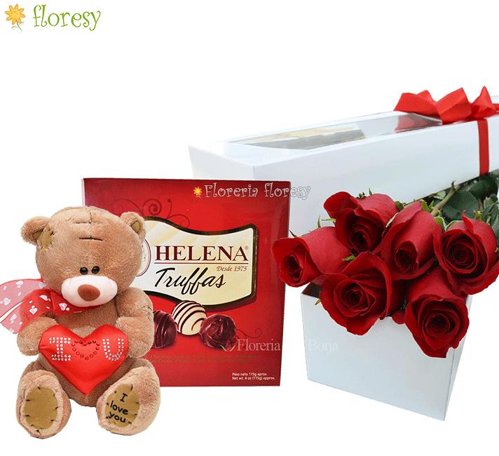Romántica combinación, caja con 6 rosas, peluche chico y truffas de chocolate Helena