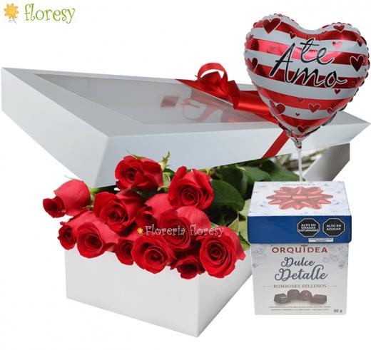 White box with 12 roses + Orquidea bombons 90g + medium Balloon