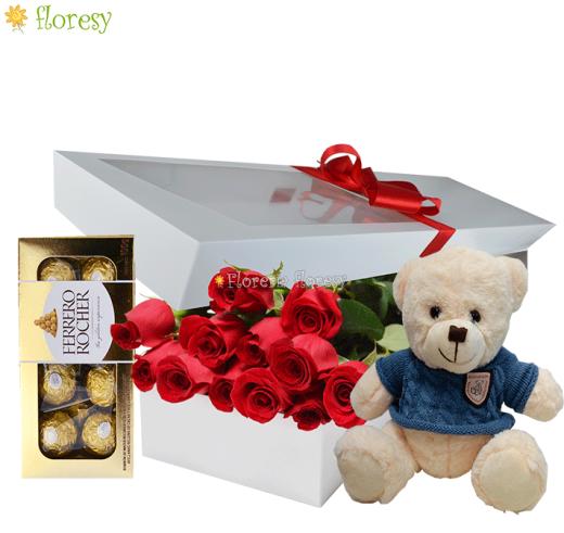 Caja 12 rosas, oso de peluche y bombones ferrero rocher